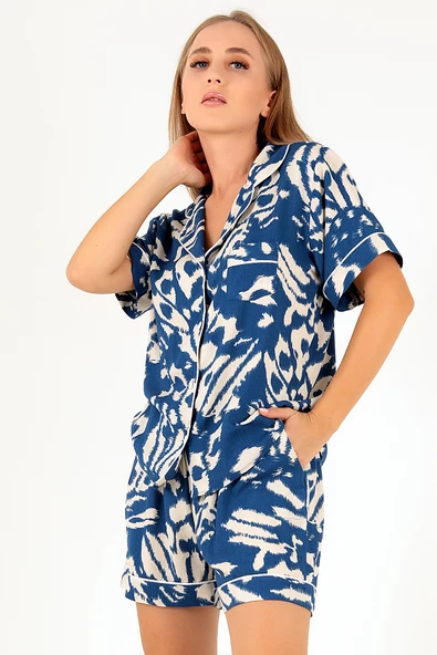 DoReMi Blue Patterned Kısa Kollu Kadın Şortlu Pijama Takım - Resim 8
