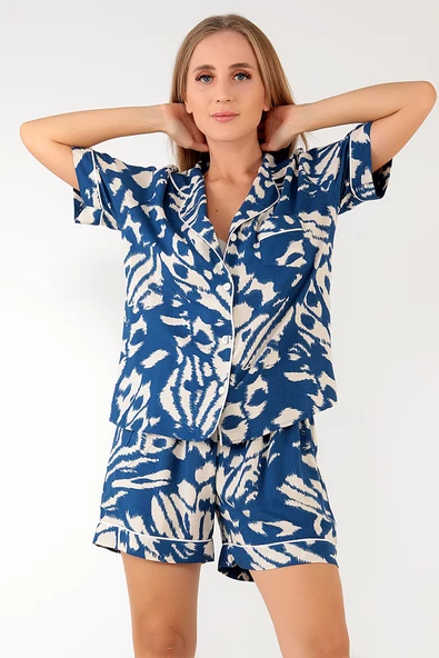 DoReMi Blue Patterned Kısa Kollu Kadın Şortlu Pijama Takım - Resim 5