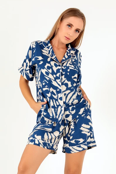 DoReMi Blue Patterned Kısa Kollu Kadın Şortlu Pijama Takım ürün görseli 1
