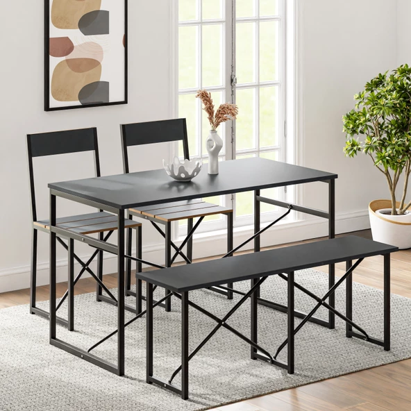Eportatif Mutfak Masası Bench Bank 120x60 Masa Set 2 Adet Sandalye Yemek Masası Füme 1548 ürün görseli 1
