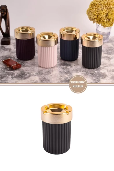 Kokusuz Çizgili Gold Küllük, Dumansız Yuvarlak Küllük ürün görseli 1