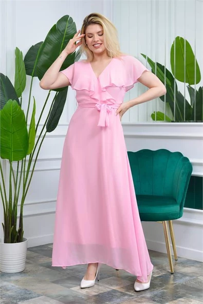 Dipmoda Kadın Pudra Kruvaze Yaka Bağlama Detaylı baby shower Şifon Elbise DP0001 ürün görseli 1