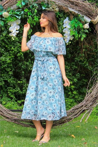 kadın mint carmen yaka çiçekli midi boy şifon elbise DP10037 ürün görseli 1