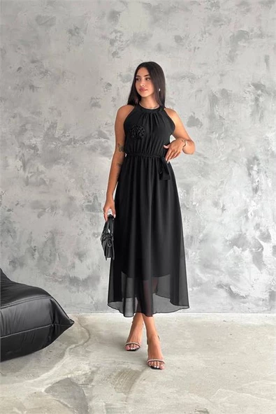 Dipmoda kadın gül broş detaylı uzun şifon elbise DPK2144 ürün görseli 1
