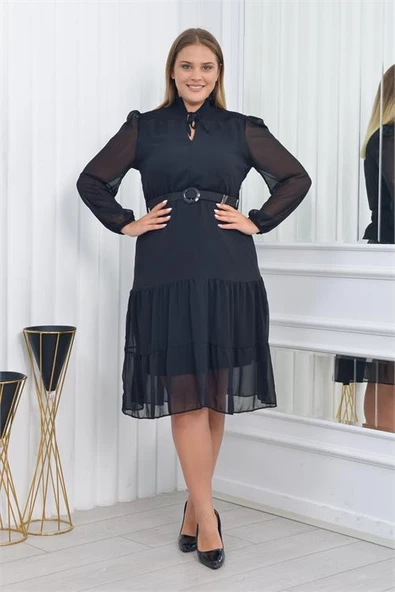 Dipmoda kadın gipeli midi boy büyük beden şifon elbise DP7156 ürün görseli 1