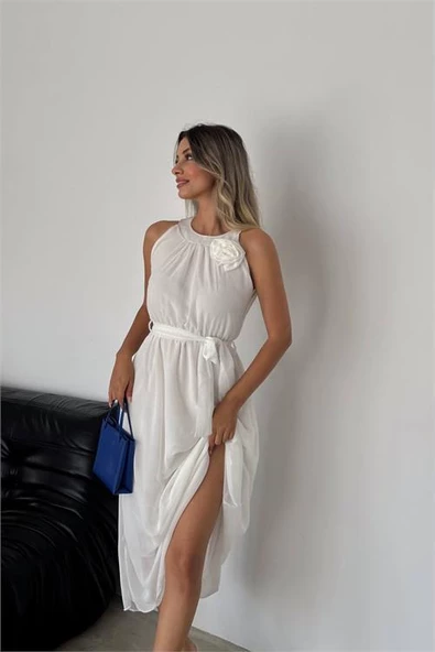 Dipmoda kadın gül broş detaylı uzun şifon elbise DPK2144 ürün görseli 1