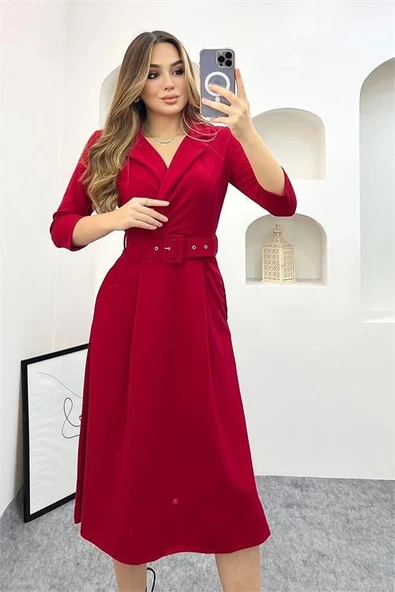 Dipmoda kadını gömlek yaka kemerli örme elbise DP0016 - Resim 3