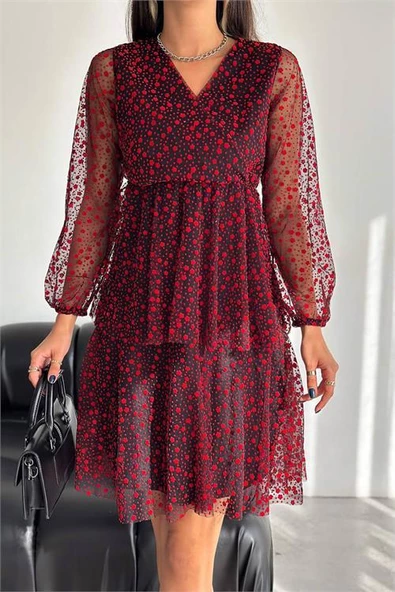Dipmoda kadın tül astarlı mini elbise DPKKLF41 - Kırmızı ürün görseli 1