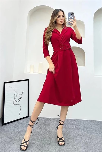 Dipmoda kadını gömlek yaka kemerli örme elbise DP0016 ürün görseli 1