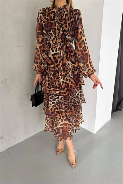 Dipmoda kadın eteği kat kat leopar desenli şifon elbise DPKKLF2036 ürün görseli 1