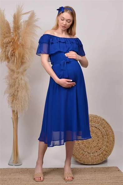 kadın saks mavisi baby shower şifon hamile elbise DPHML8060 ürün görseli 1