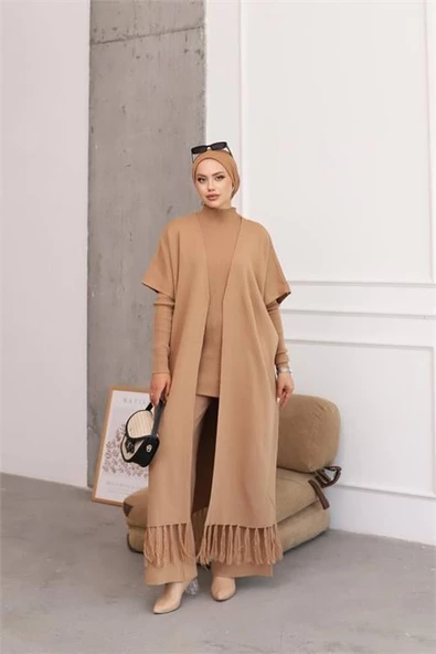 Dipmoda kadın camel tesettür üçlü triko takım NMS021 ürün görseli 1