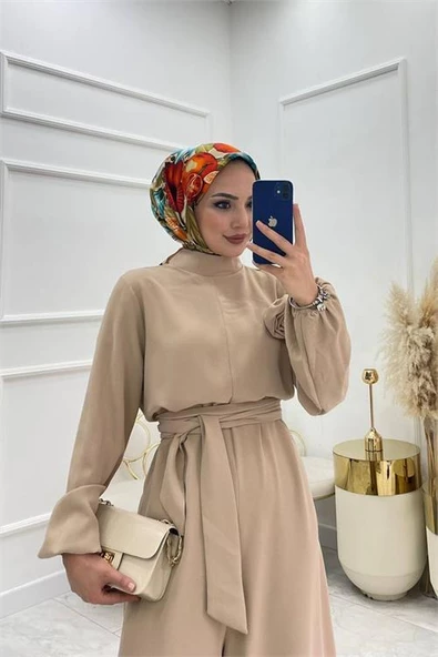 kadın bej kuşaklı gül detaylı salaş tulum NMS003 ürün görseli 1