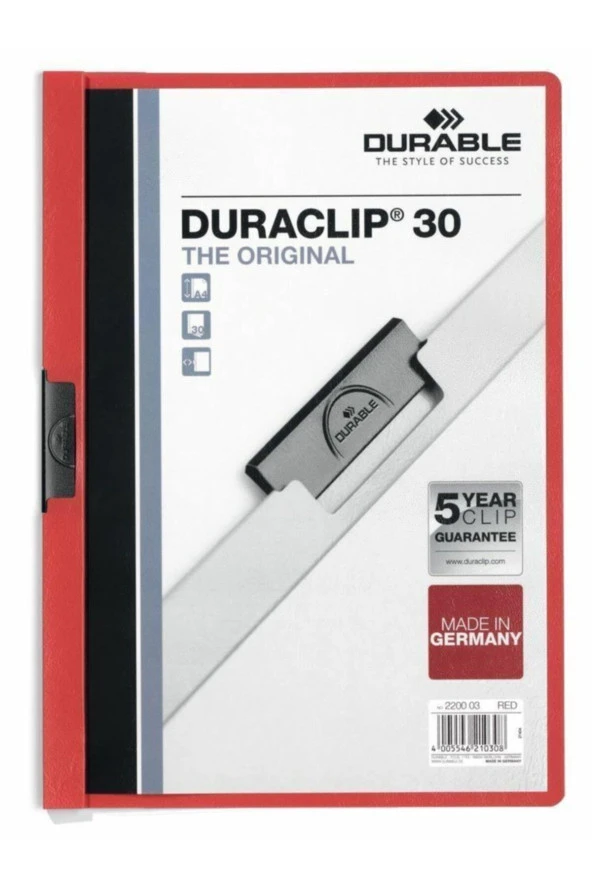 Durable Sıkıştırmalı Dosya DuraClip Ortadan Klipsli 30 Sayfa A4 Kırmızı (25 Li Paket) ürün görseli 1