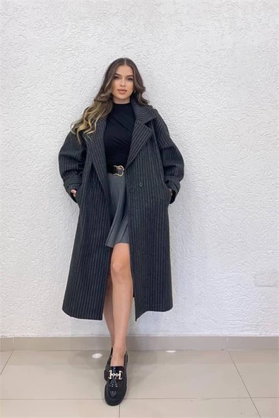 Dipmoda kadın siyah çizgili oversize kaşe kaban DPSHNZ08 ürün görseli 1