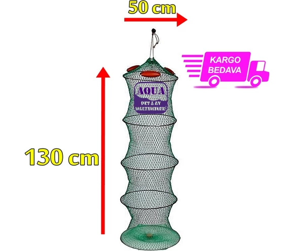 Şamandıralı Batmayan İp Livar File Balık Hapis Sepeti 130 cm Boy 50 cm Çap - Büyük Boy Balık Filesi ürün görseli 1
