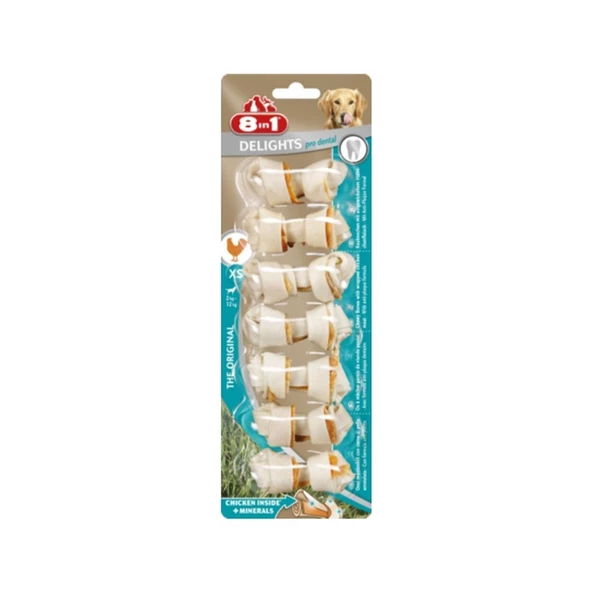 8in1 Delights Pro Dental Diş Sağlığı için Tavuk Etli Düğümlü Köpek Kemiği (7'li) 84 gr [XS] ürün görseli 1