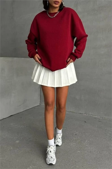 Dipmoda kadın bordo bisiklet yaka pamuklu sweat DPG031 ürün görseli 1