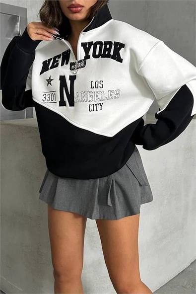 Dipmoda kadın siyah fermuarlı New york sweat DPG050 ürün görseli 1