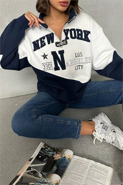 Dipmoda kadın lacivert fermuarlı New york sweat DPG050 ürün görseli 1