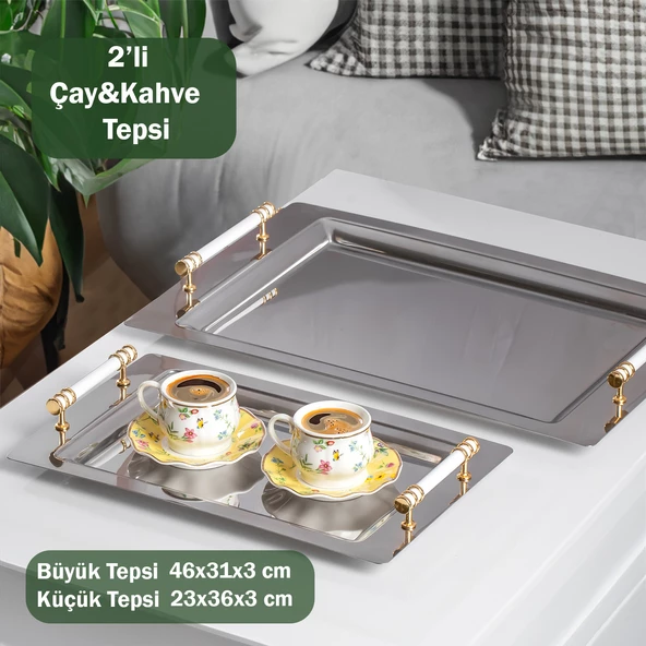 Porsima Yüzük 2li Paslanmaz Çelik Gümüş Kahve Tepsisi Gold Beyaz Detaylı Dekoratif Servis Sunum Tepsisi ürün görseli 1
