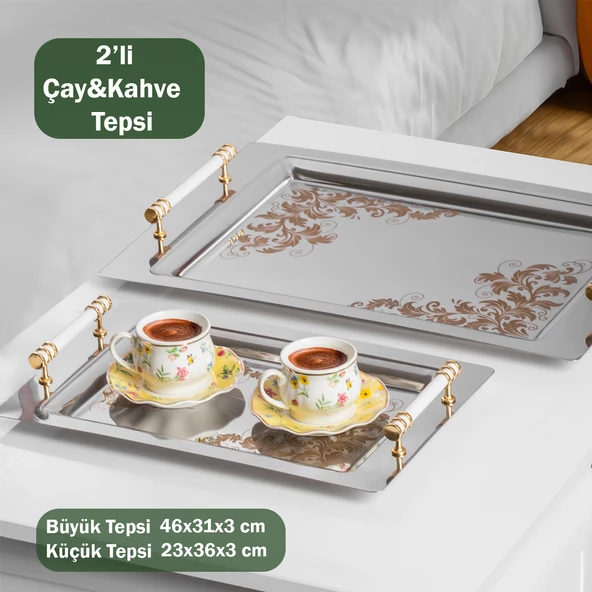 Porsima Yüzük 2li Paslanmaz Çelik Gümüş Kahve Tepsisi Gold Beyaz Desenli Dekoratif Servis Sunum Tepsisi ürün görseli 1