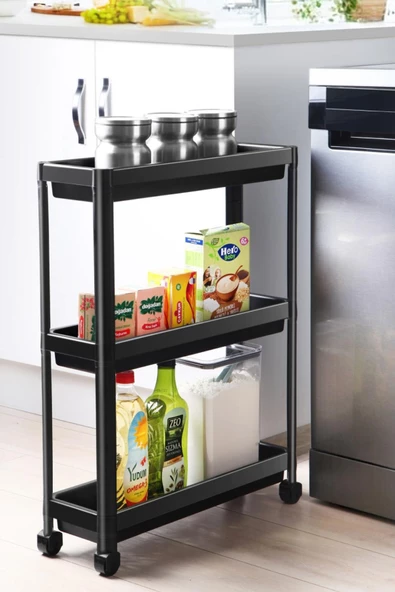 Mithra Life 3 Katlı Tekerlekli Slim İnce Siyah Banyo Mutfak Rafı MIT1126 ürün görseli 1
