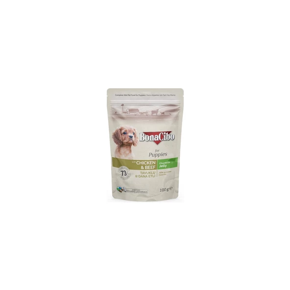 Bonacibo Jöleli Tavuklu-Dana Etli Pouch Yavru Köpek Yaş Maması 100 gr X12 Adet ürün görseli 1