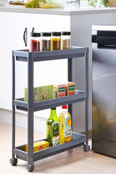 Mithra Life 3 Katlı Tekerlekli Slim İnce Gri Banyo Mutfak Rafı MIT1127 ürün görseli 1