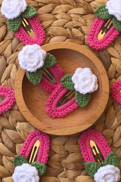 2'Li Amigurumi El İşlemesi Gül Motifli Çıtçıtlı Toka ürün görseli 1