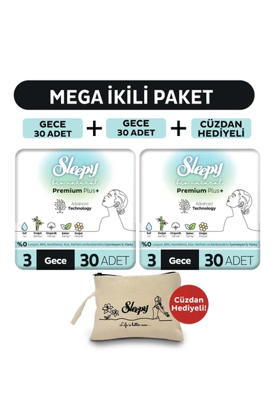 Sleepy Bio Natural Premium Plus Hijyenik Ped Mega Paket Gece 30x2 (60 Adet) + Cüzdan Hediyeli ürün görseli 1