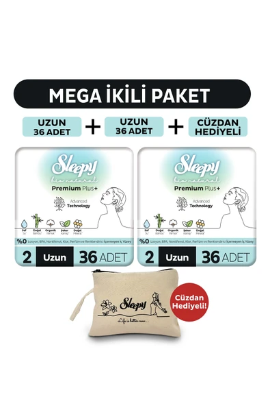 Sleepy Bio Natural Premium Plus Hijyenik Ped Mega Paket Uzun 36x2 (72 Adet) + Cüzdan Hediyeli ürün görseli 1