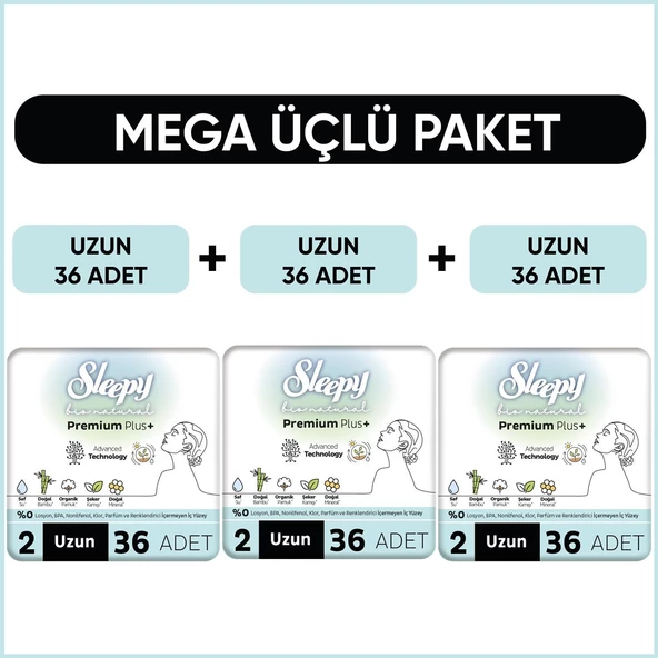 Sleepy Bio Natural Premium Plus Hijyenik Ped Mega Paket Uzun 36x3 (108 Adet) ürün görseli 1