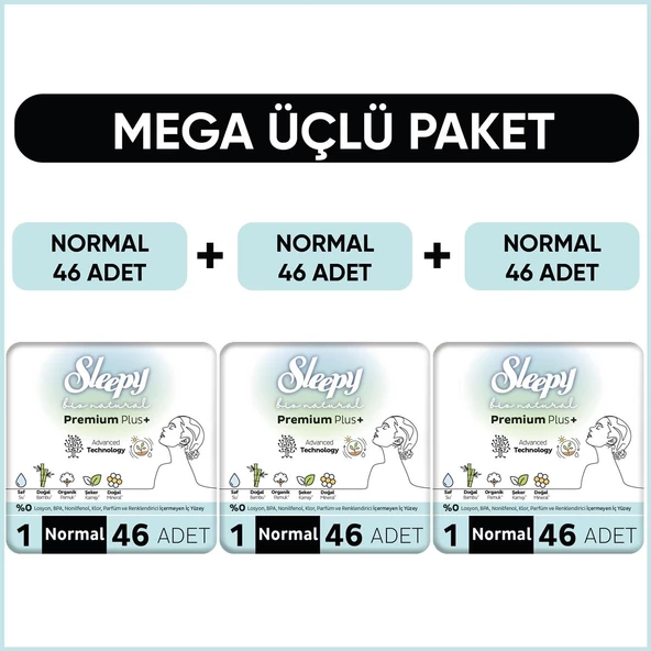 Sleepy Bio Natural Premium Plus Hijyenik Ped Mega Paket Normal 46x3 (138 Adet) ürün görseli 1