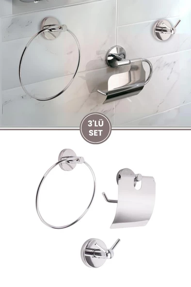 Vidalı Lavabo Banyo Wc Bez Havlu, Çatal Askı ve Tuvalet Kağıtlık 3'lü Set Krom Metal ürün görseli 1