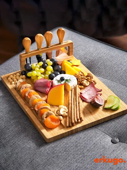 5 Parça Bambu Peynir Sunum Tahtası ve Çatal - Spatula -Mini Spatula  - Bıçak Seti, Peynir Kesim Panosu, Sunum Seti ürün görseli 1