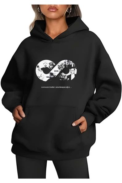 Üç İplik Kapşonlu 10 Kasıma Özel SweatShirt - Siyah ürün görseli 1