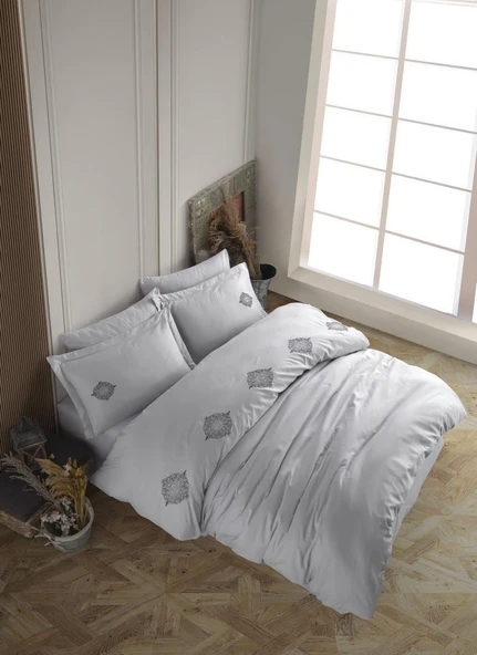 Hobby Çift Kişilik Poplin Premium Nakışlı Nevresim Azra Gri ürün görseli 1