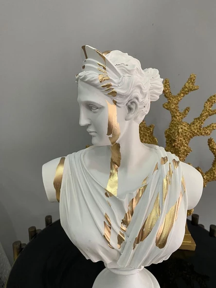 Dekoratif  Diana Büst Biblo – Antik Yunan Heykel Tarzı, Biblo Gold Detaylı Afrodit Lüks Salon Konsol Süs Objesi ( polyester) ürün görseli 1