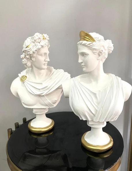 Dekoratif Diana Ve Apollo İkili Heykel Takım Büst Biblo – Antik Yunan Beyaz Afrodit Lüks Salon Obje ürün görseli 1