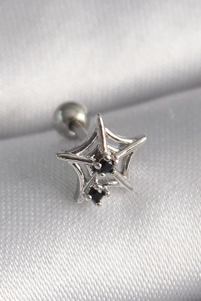 316L Çelik Gümüş Renk Siyah Zirkon Taş Detay Örümcek Ağ Model Tragus Piercing TJ-PR1293 ürün görseli 1