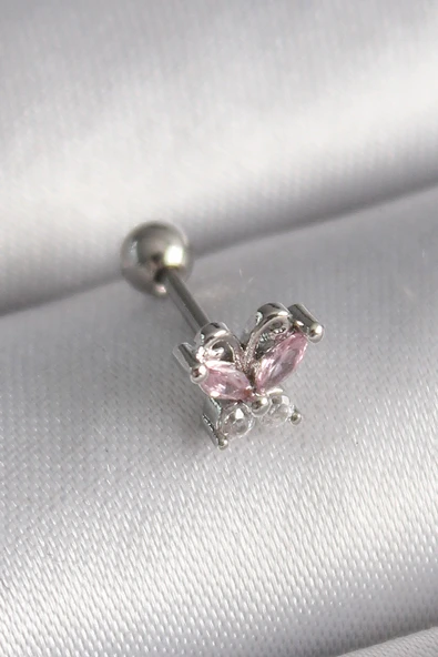 316L Çelik Gümüş Renk Pembe Zirkon Taşlı Kelebek Tragus Piercing TJ-PR1241 ürün görseli 1