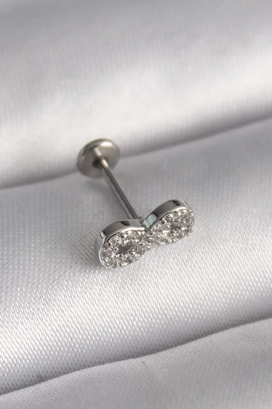 316L Çelik Gümüş Renk Zirkon Taşlı Sonsuzluk Model Tragus Piercing TJ-PR1345 ürün görseli 1