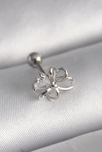 316L Çelik Gümüş Renk Zirkon Taş Detay Kurdele Model Tragus Piercing TJ-PR1289 ürün görseli 1