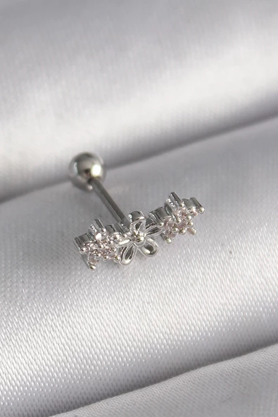 316L Çelik Gümüş Renk Zirkon Taşlı Çiçek Tragus Piercing TJ-PR1247 ürün görseli 1