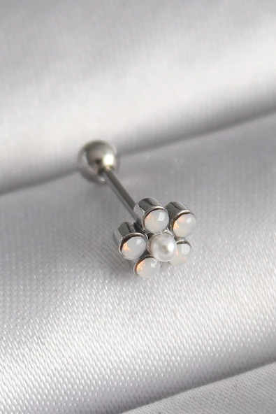316L Çelik Gümüş Renk Zirkon Taşlı Çiçek Model Tragus Piercing TJ-PR1283 ürün görseli 1