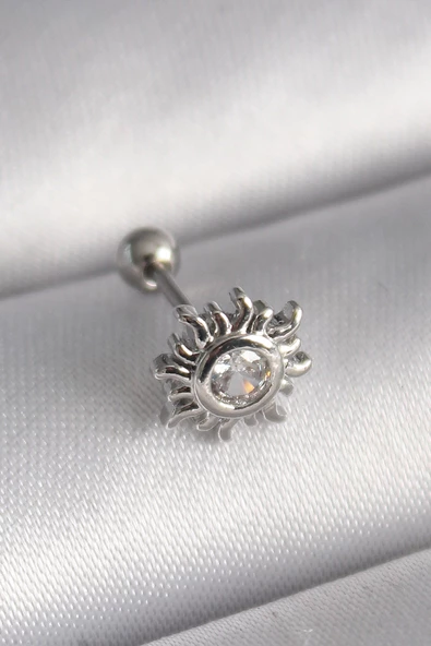 316L Çelik Gümüş Renk Zirkon Taşlı Güneş Tragus Piercing TJ-PR1279 ürün görseli 1