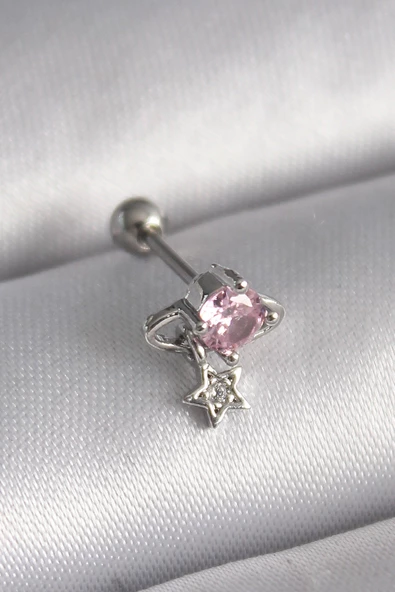 316L Çelik Gümüş Renk Pembe Zirkon Taşlı Sallantı Yıldız Detay Tragus Piercing TJ-PR1237 ürün görseli 1