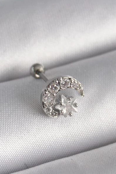316L Çelik Gümüş Renk Zirkon Taşlı Ay Yıldız Tragus Piercing TJ-PR1257 ürün görseli 1