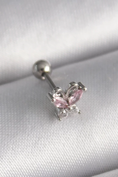 316L Çelik Gümüş Renk Pembe Zirkon Taşlı Kelebek Tragus Piercing TJ-PR1241 ürün görseli 1